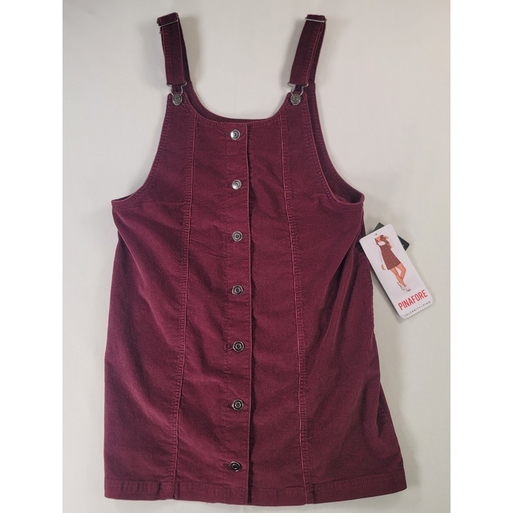 NWT Celebrity Pink Pinafore Dress Womens M Burgundy Corduroy Overall Mini